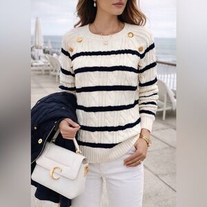 Talbots striped pullover cable knit sweater with gold tone buttons size M Medium